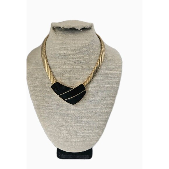 Vintage Trifari Black Enamel Gold tone V Shape 17" Collar Necklace - Picture 1 of 8